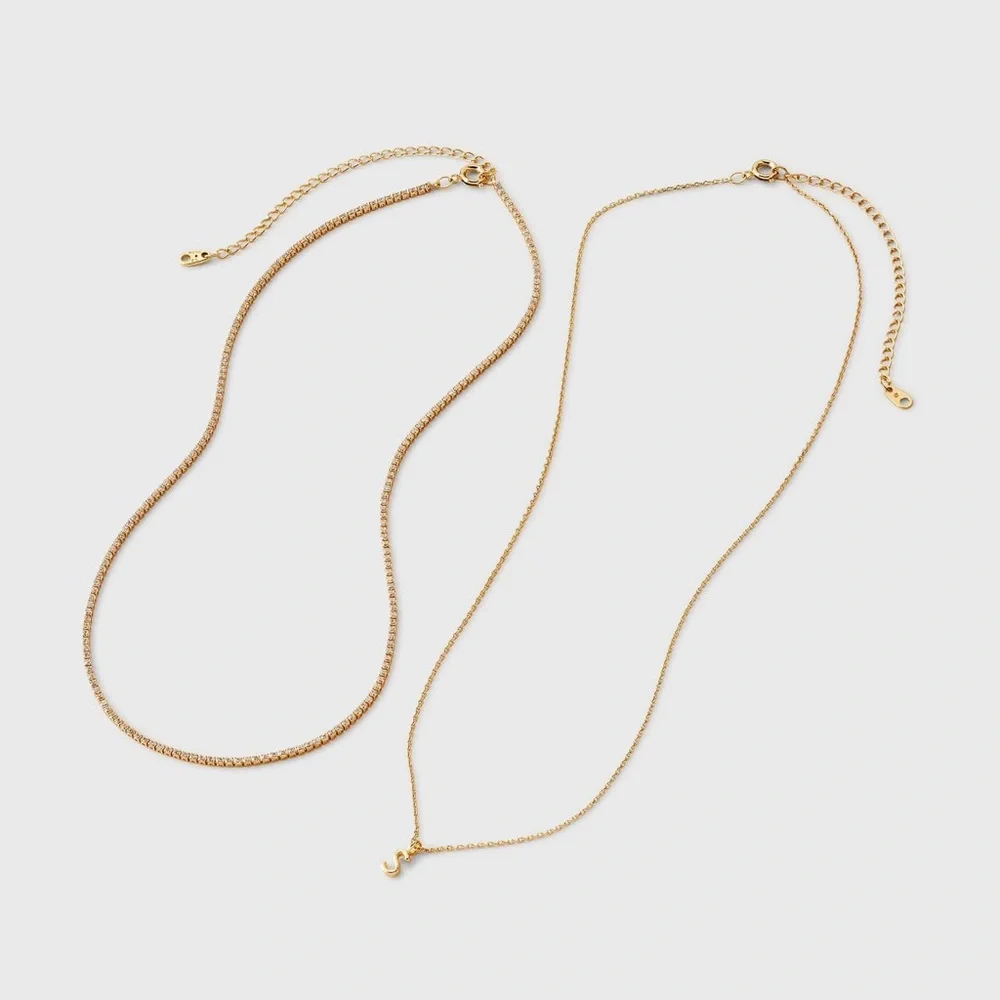 🔱 14K Gold Dipped Cubic Zirconia Initial “S” Necklace Set 2pc ⚜️ - Picture 2 of 4